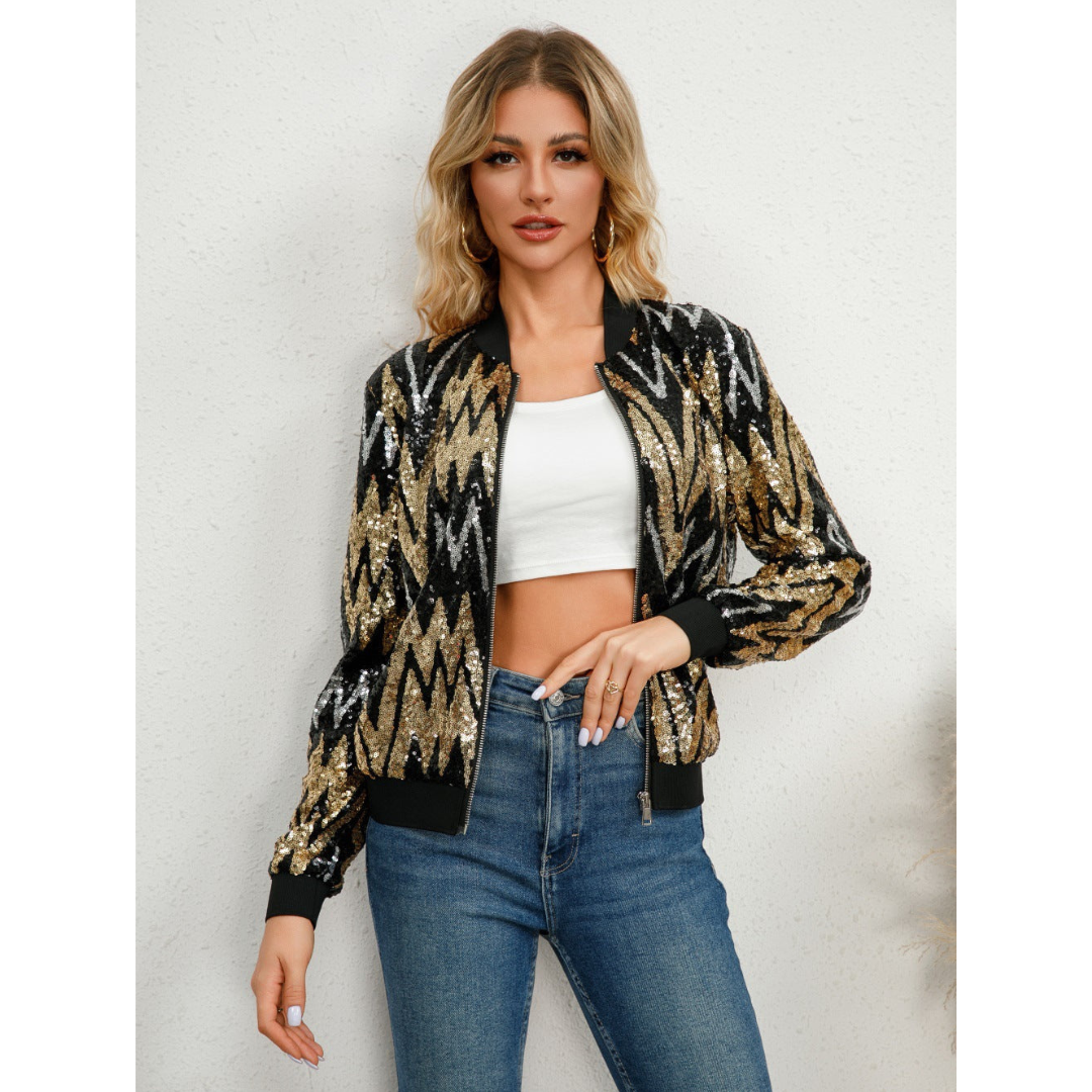Street Wave Sequin Zip Jacket For Women Glamorous Sparkle Long Sleeve Party Outerwear
