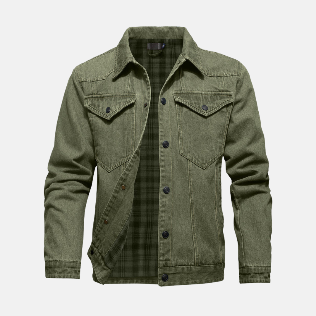 Men's Denim Jacket With Relaxed Fit Hip Length Button Front Chest Pockets For Casual Layering