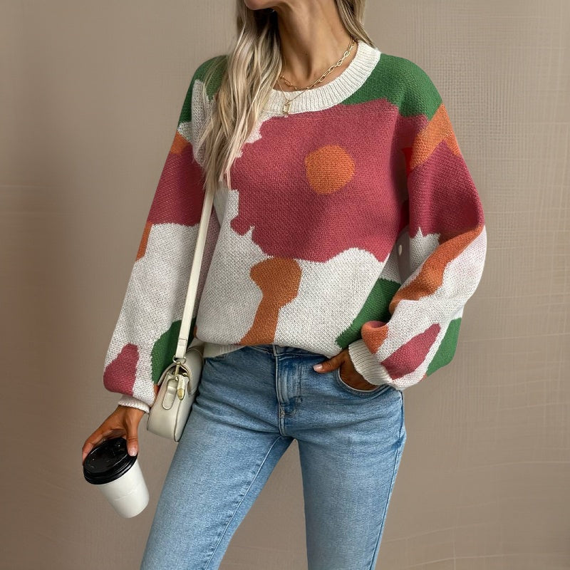 Street Wave Colorful Knit Sweater For Women Oversized Cozy Winter Pullover With Bold Abstract Pattern