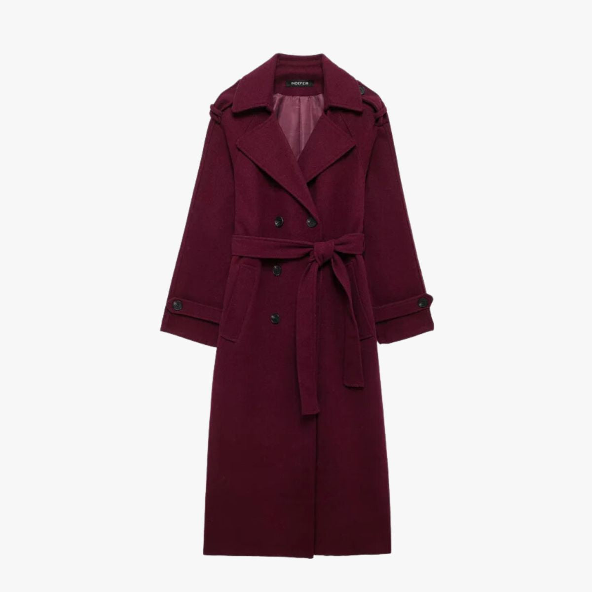 Bordeaux Trench Coat With Belt by Streetwave Two Row Button Front Elegant Outerwear For Women