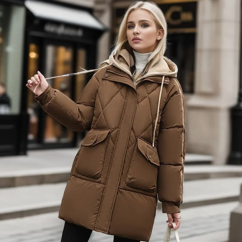 Street-wave Puffer Jacket for Women Khaki Stripe Warmth and Trendy Comfort Ideal for Winter Wardrobe