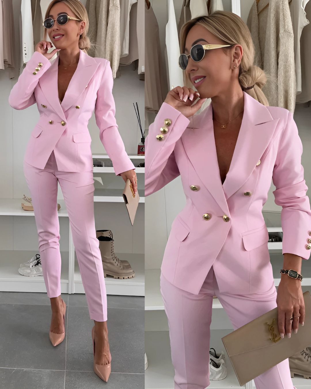 Streetwave Pink Double Breasted Blazer Suit For Professional Women With Luxurious Silver Buttons
