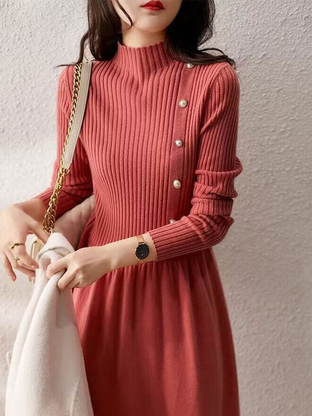 Street-Wave Ribbed Knit Dress With Pearl Buttons - Cozy Warm Turtleneck For Women, Elegant Winterwear