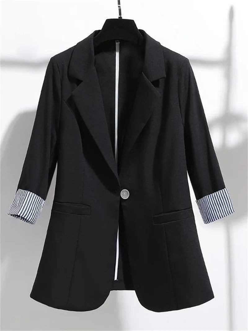 Street-wave Womens White Blazer With Three Quarter Sleeves And Striped Cuff Detail Minimalist Office Jacket