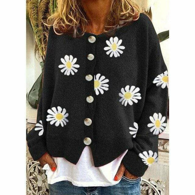 Street-wave Women Daisy Cardigan Cozy Button Down Knit With Orange Floral Pattern For Autumn