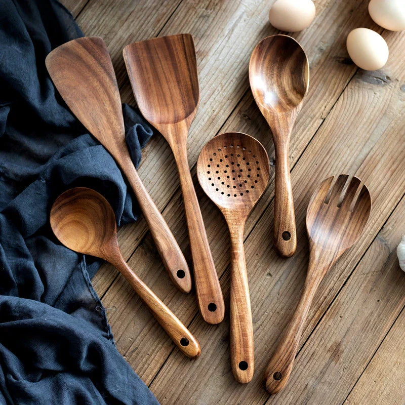 Rustic Wooden Kitchen Utensil Set with Holder - Street-Wave
