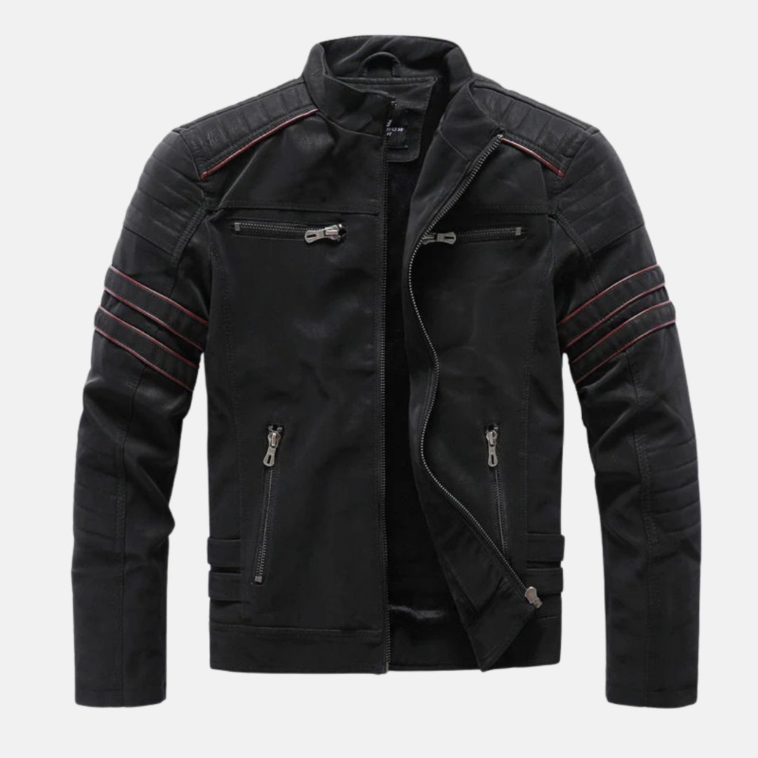 Men Premium Faux Leather Jacket Slim Fit Stand Collar With Ribbed Panels Hip Length