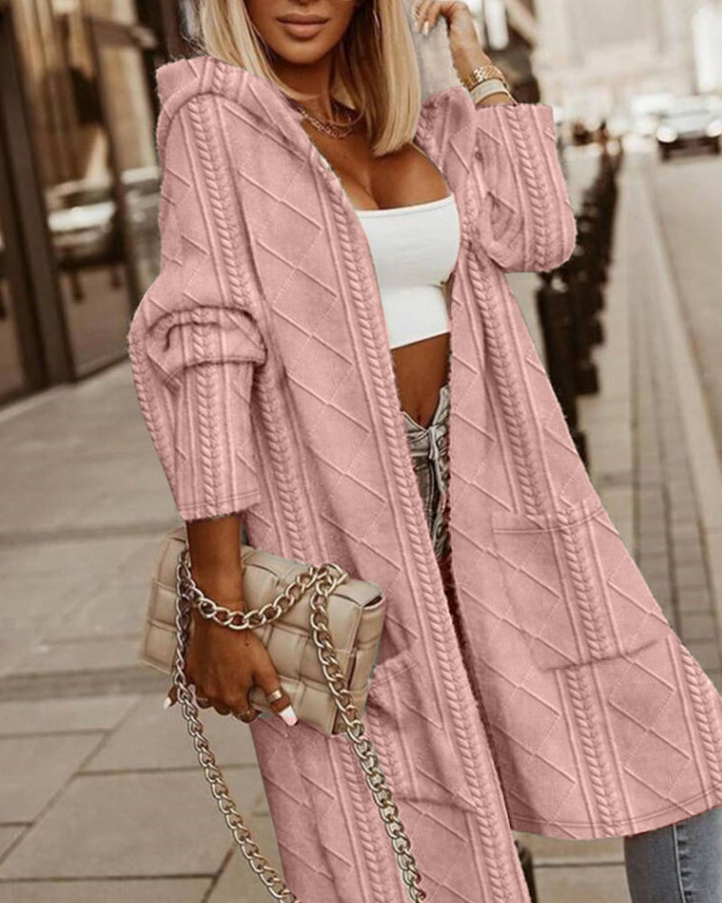 Street Wave Long Knit Cardigan With Hood Textured Cable Pattern For Women Warm Cozy Layering Essential