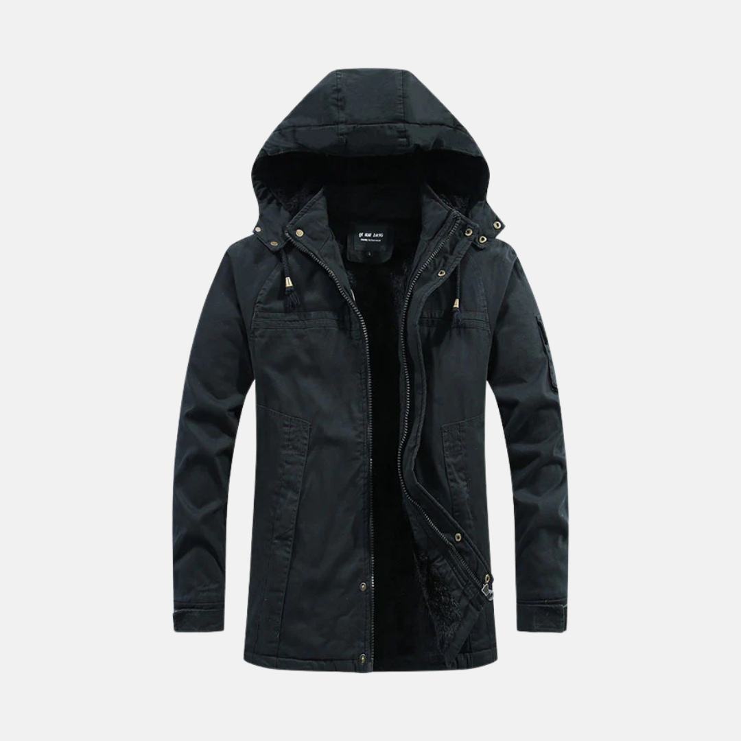 Men's Hooded Coat With Sherpa Lining And Utility Pockets Zipper Closure Relaxed Fit