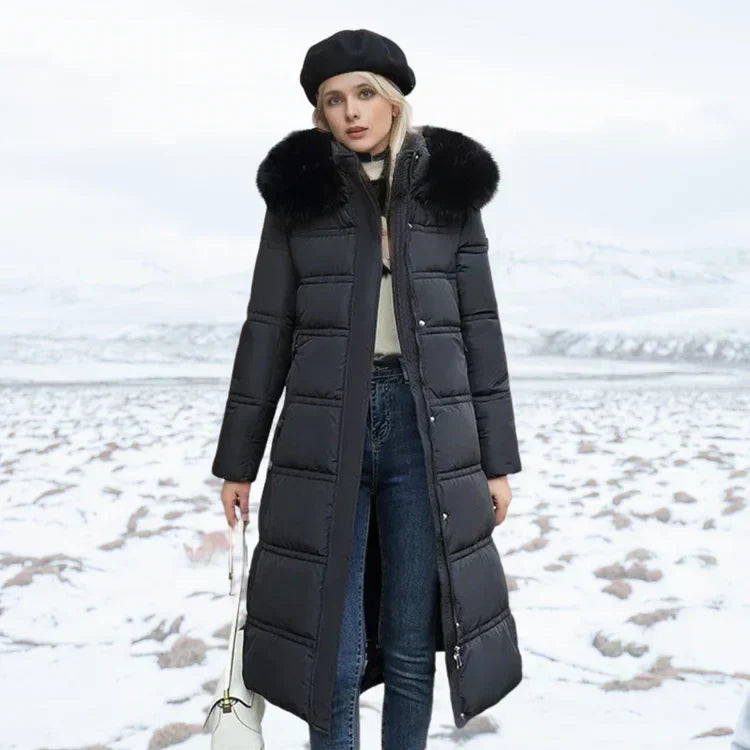 Street-Wave Long Puffer Coat With Fur Collar Belted Slim-Fit Luxurious Winter Outerwear For Women