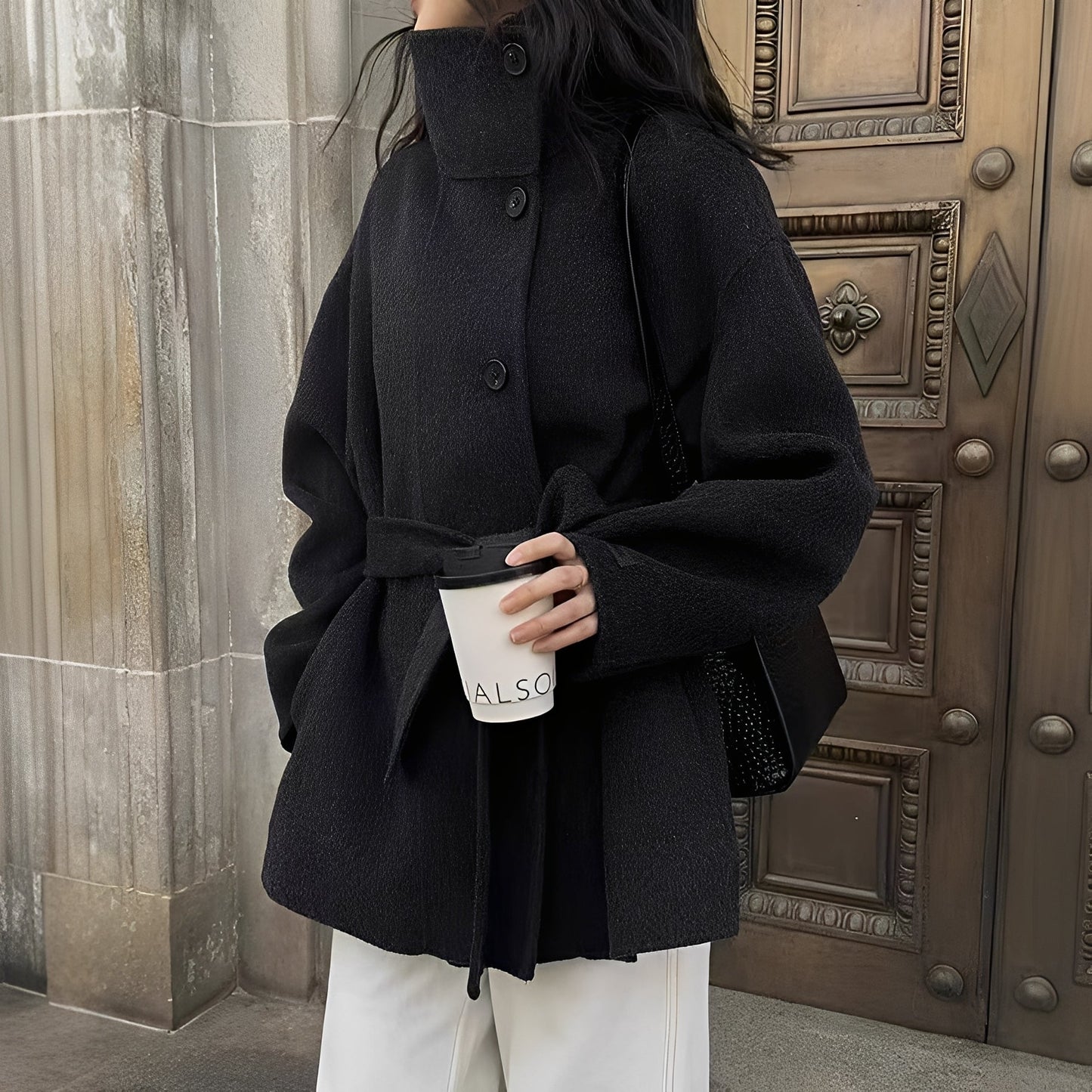 Street-Wave Double Faced Wool Coat For Women With Stand Collar Warmth And Timeless Style