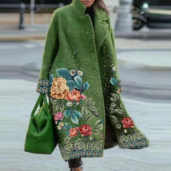 Street-wave Floral Embroidered Coat For Women Elegant Long Wool Blend With Bold Floral Pattern