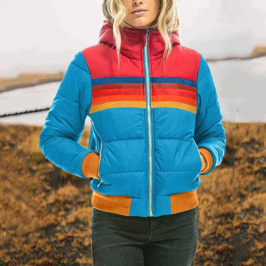 Street-Wave Striped Quilted Puffer Jacket For Women – Colorblock Warm Winter Outerwear With Cozy Fit