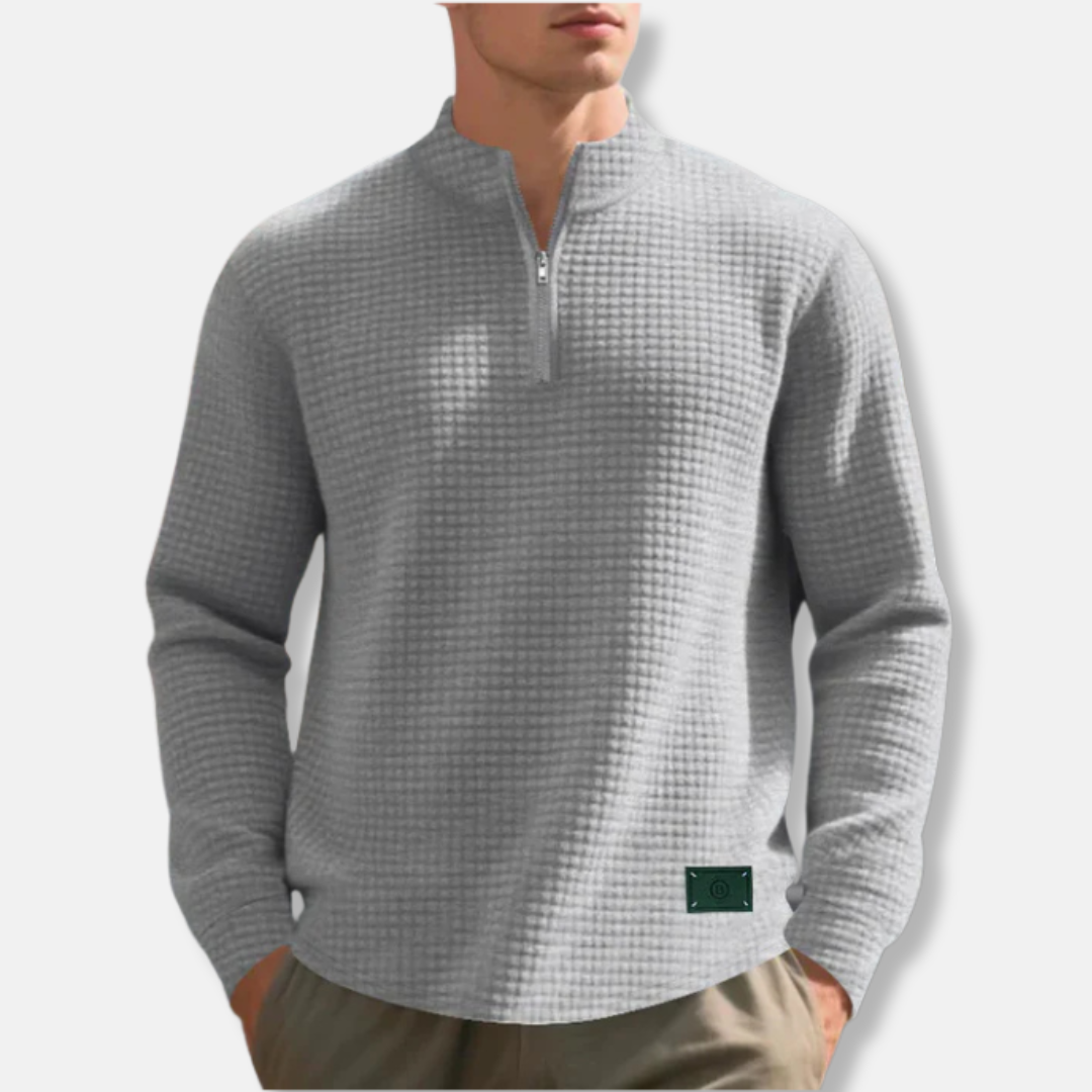 Men's Waffle Knit Regular Fit Mock Neck Quarter Zip Sweater For Cold Weather By Street-Wave