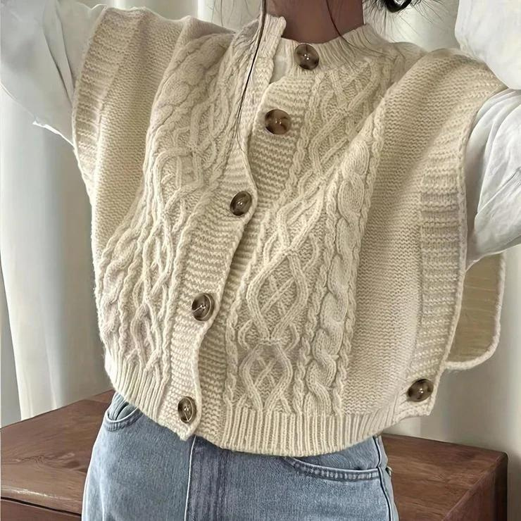 Street-wave Sleeveless Cable Knit Vest with Button Closure for Women Cozy Chic Layering Piece
