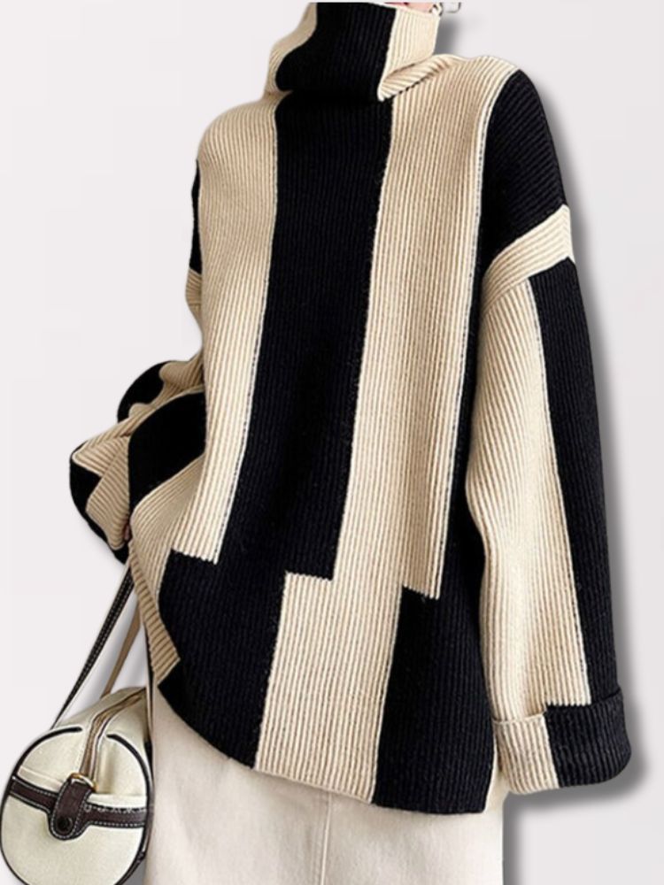 Street-wave | Pullover - Damen Herbst Hochkragen Zweifarbiger Strickpullover - Street-wave