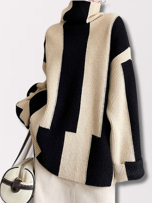Street-wave | Pullover - Damen Herbst Hochkragen Zweifarbiger Strickpullover - Street-wave