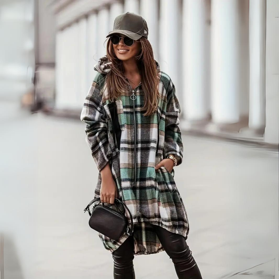 Street-Wave Plaid Cardigan for Women With Zip Front Cozy Plush Knit Timeless Checkered Style