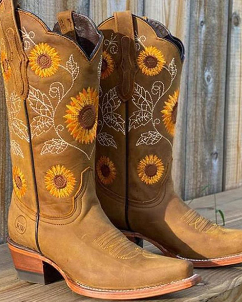 Street Wave Sunflower Embroidered Boots For Women Bold Boho Western Knee High Comfort Style
