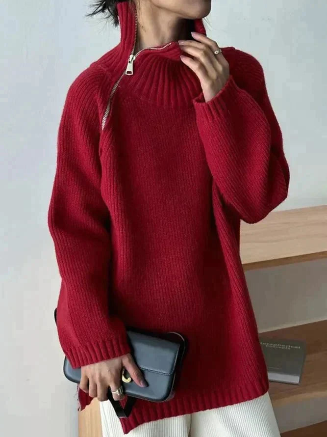 Street-Wave Classic Red Pullover With Stand Collar For Women Cozy Everyday Knitwear Modern Minimalist Style
