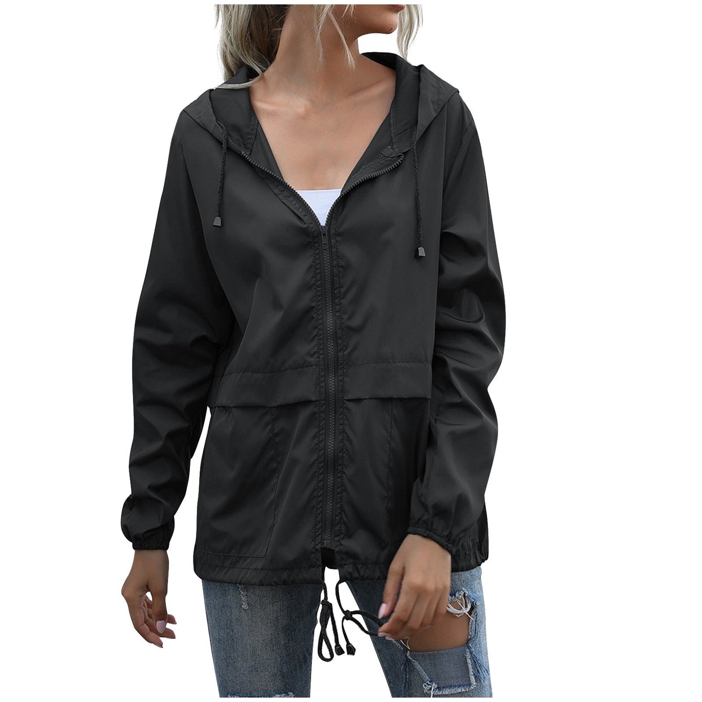 Street-wave Women Hooded Jacket Navy Lightweight Windbreaker With Drawstring Hood For Everyday Style