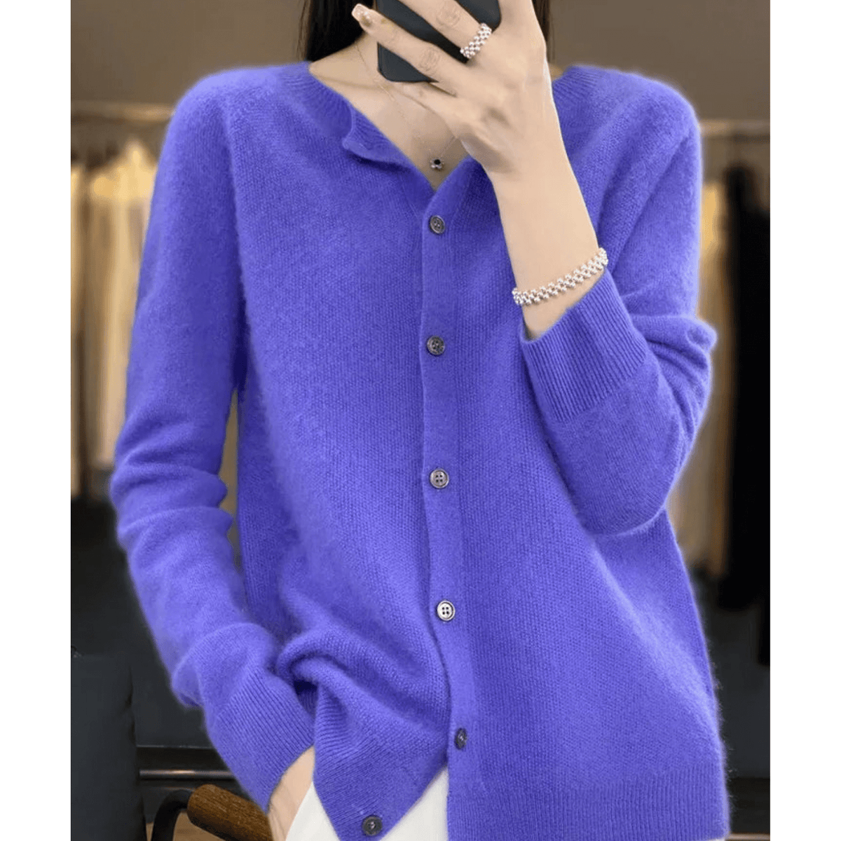 Street-Wave Womens Fine Knit Cardigan Crew Neck Soft CashmereFeel Merino Wool Blend Cozy Warm Essential