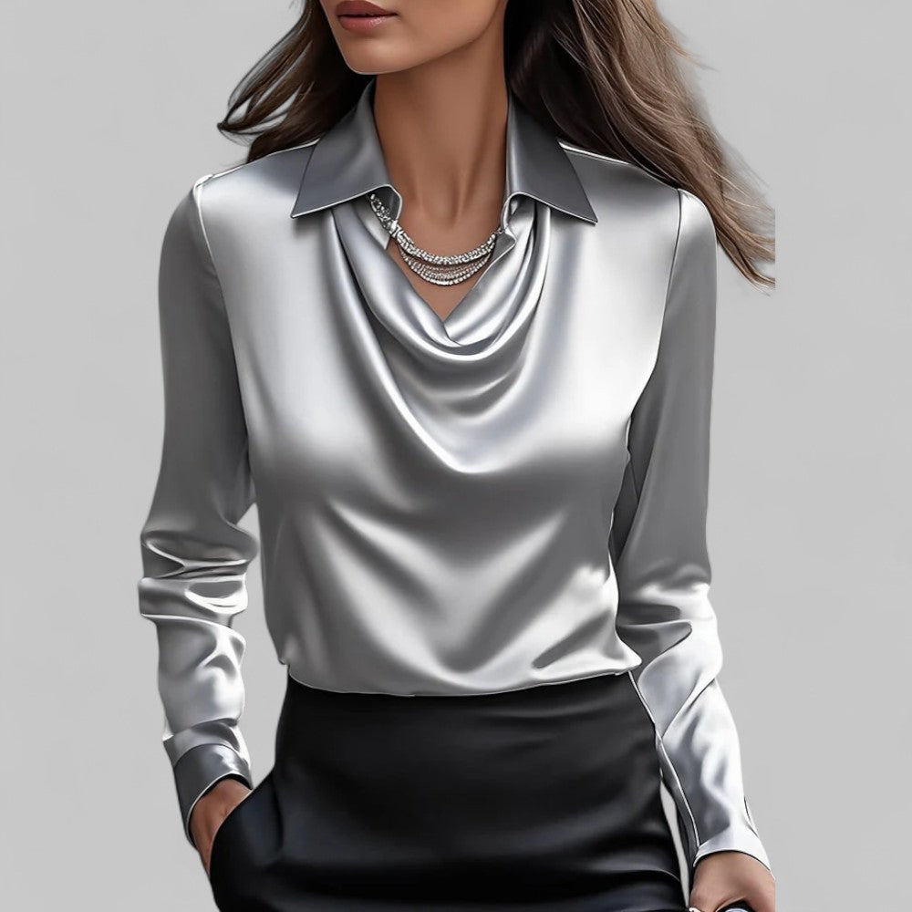 Satin Blouse Women Draped Neck Long Sleeve Street Wave Elegant Silky Top