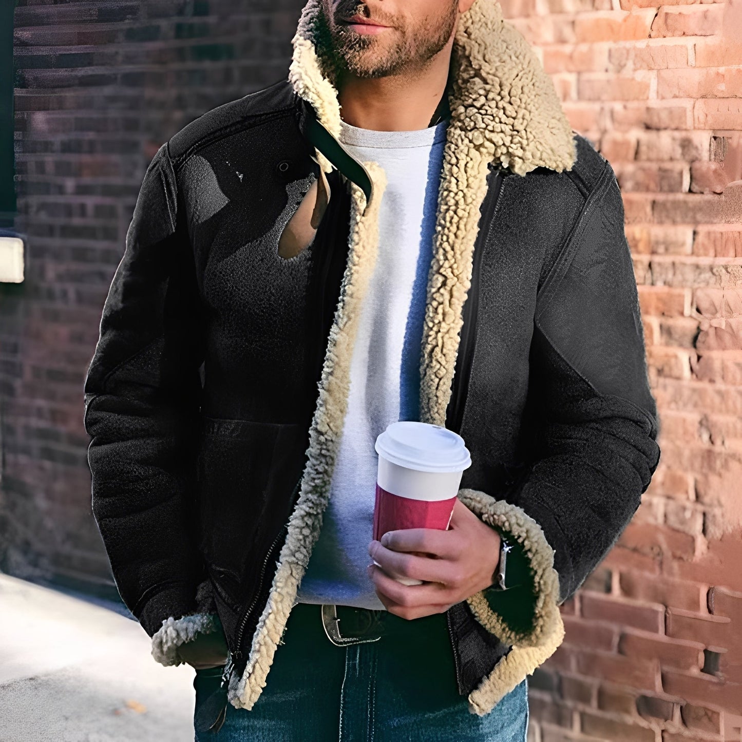 Street-Wave Mens Shearling Bomber Jacket With Wide Lapels Warm Windproof Coat For Winter Urban Style