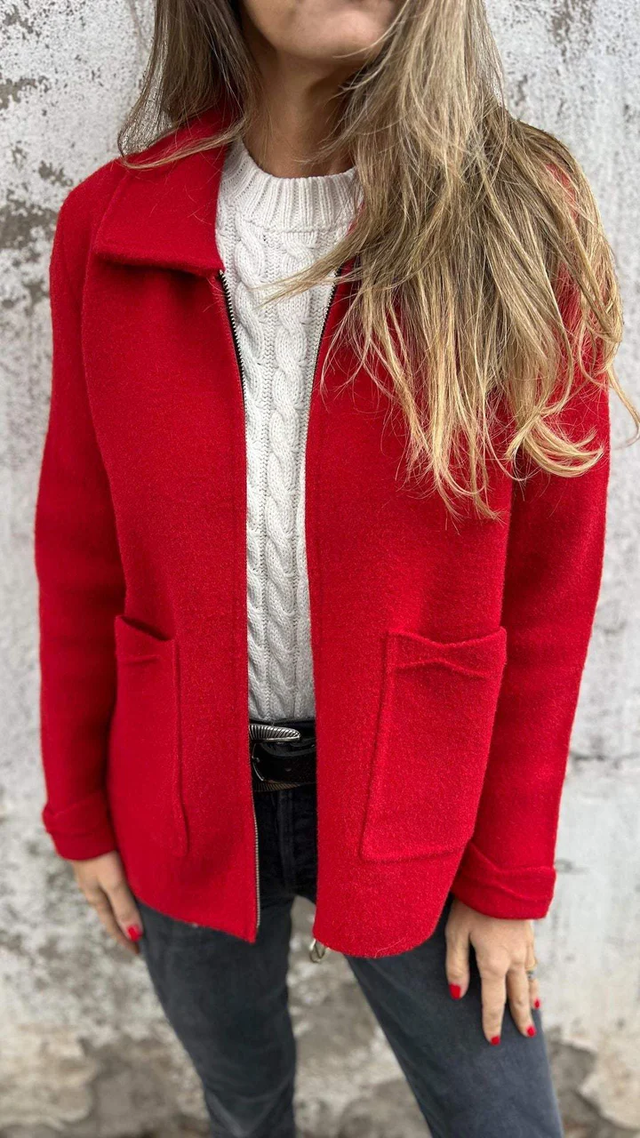 Street-Wave Red Zip Up Short Jacket Minimalist Versatile Outerwear For Women With Front Zipper And Handy Pockets