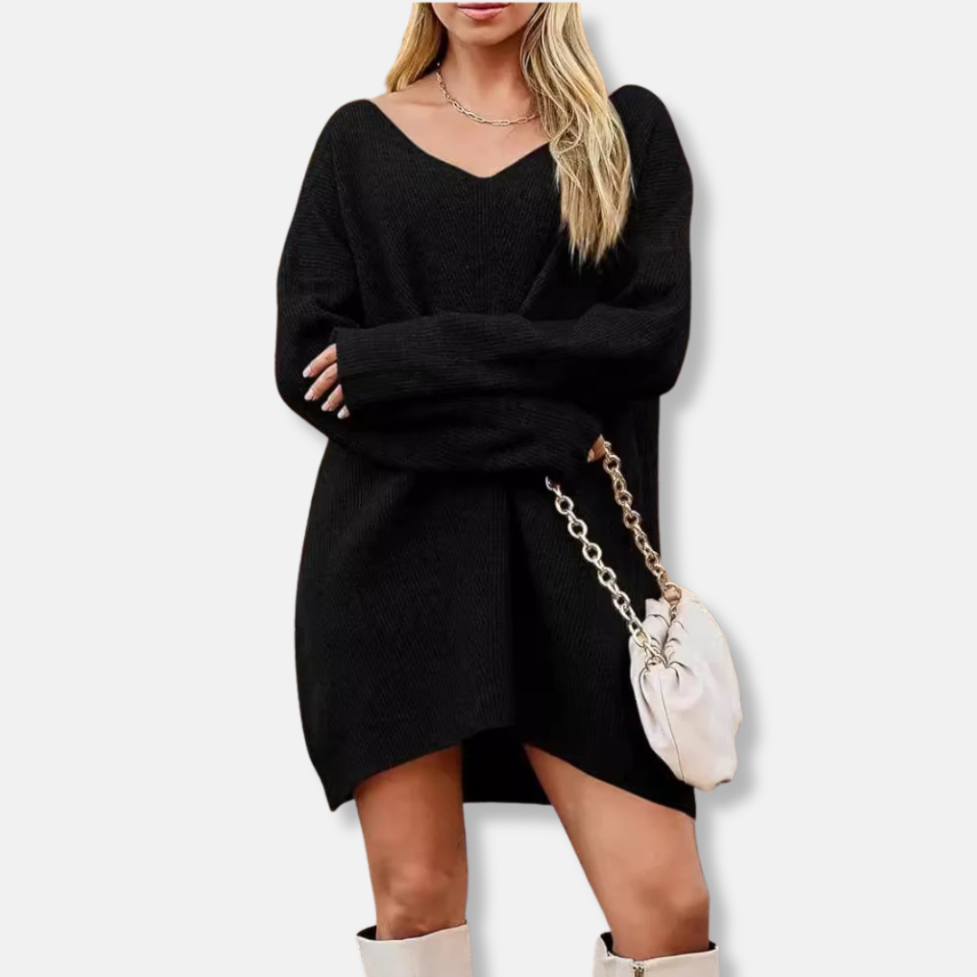 Street Wave Women Ribbed Knit V Neck Mini Dress Cozy Fall Essential