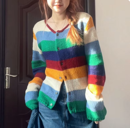 Street-Wave Women's Colorful Striped Cardigan Sweater with Crew Neck - Soft Lightweight Knit for Spring