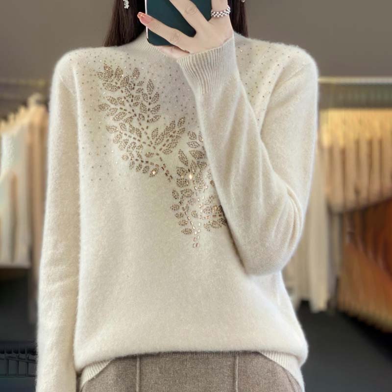 Street-wave Jeweled Leaf Knit Sweater For Women Soft Cotton-Acrylic Blend Cozy Sparkling Accent
