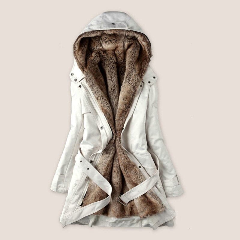 Street Wave Faux Fur Lined Parka Hooded With Belt Relaxed Fit Winter Coat For Women