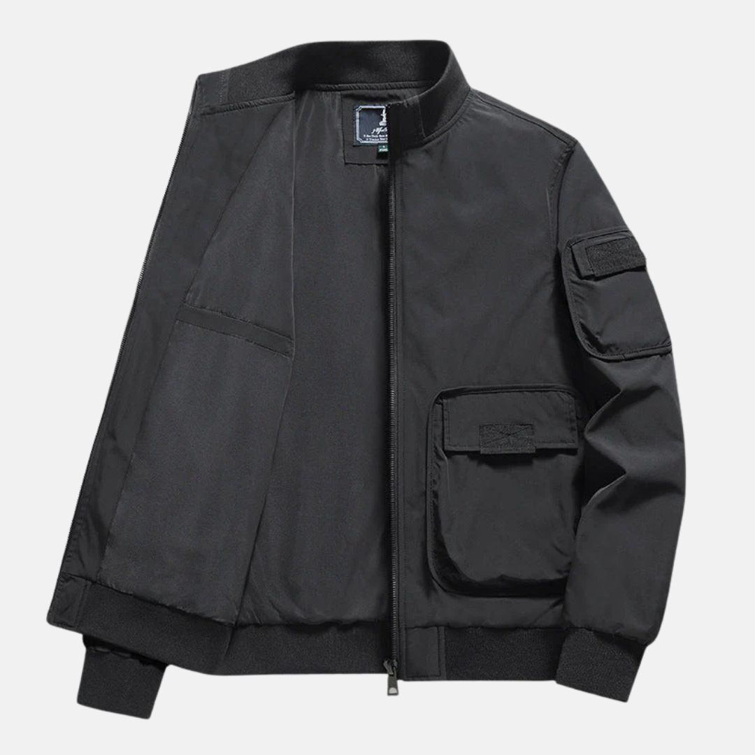 Men's Navy Bomber Jacket With Relaxed Fit, Wind-Resistant, Full Zip, Patch Pockets By Street-Wave