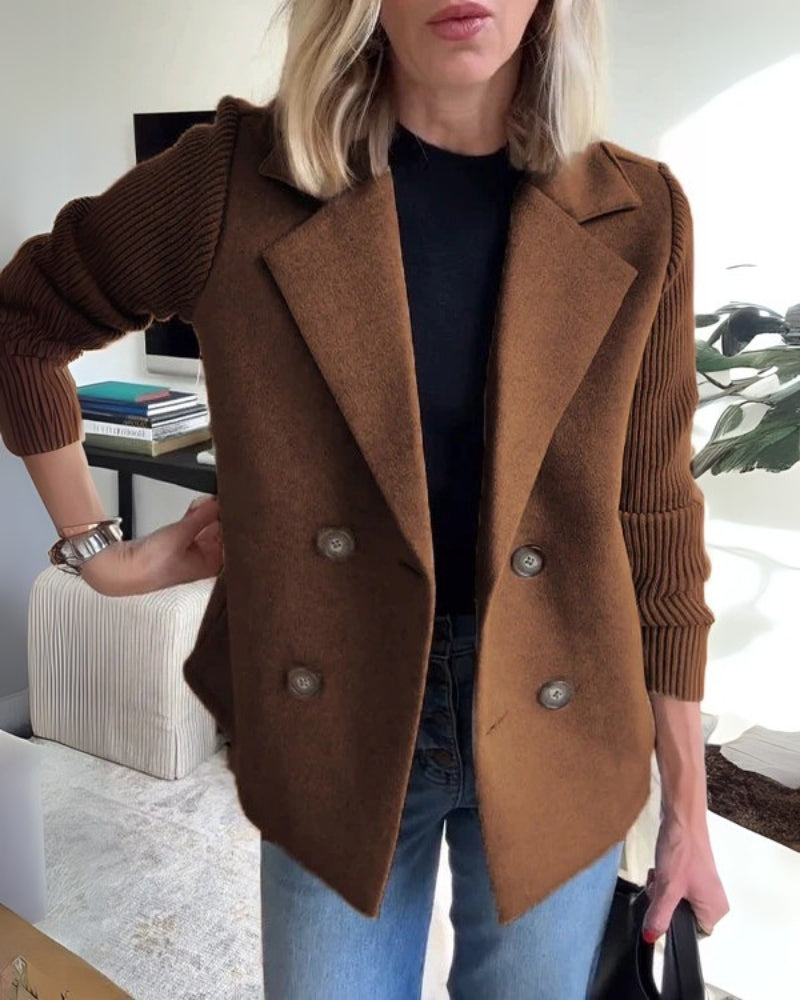 Street Wave Beige Double Breasted Blazer With Knit Sleeves For Casual Chic Women