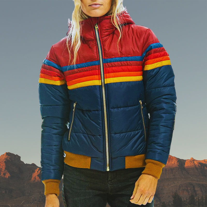Street-wave Colorblock Striped Puffer Jacket For Women Waterproof Winter Warm Coat