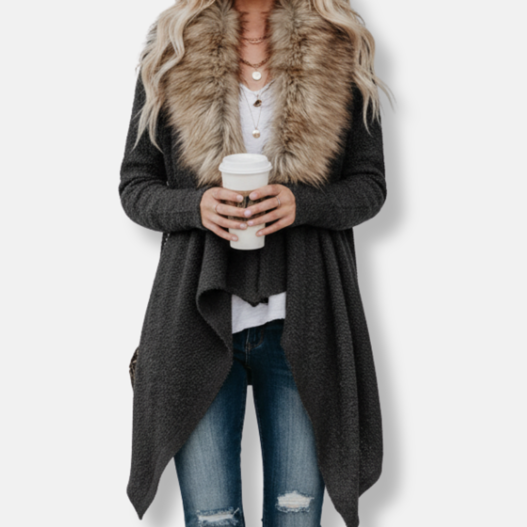 Nordisk-Flair Women's Cardigan Jacket Relaxed Fit Faux Fur Collar Open Front