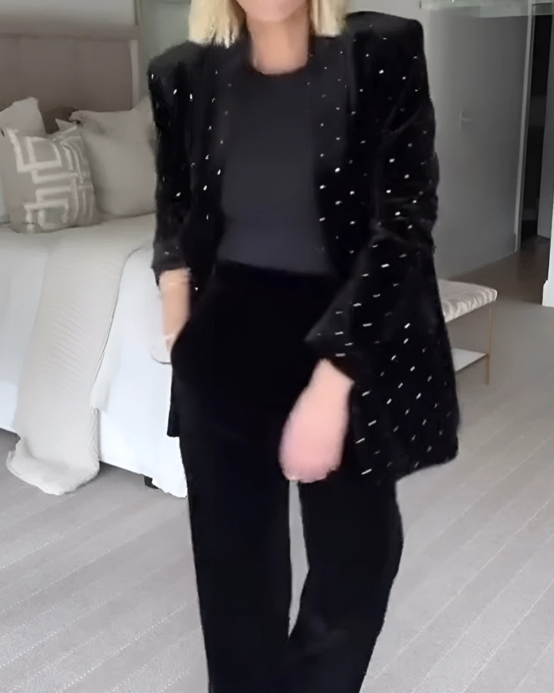 Street-wave Velvet Blazer With Crystal Rhinestones For Women, Glamorous Tailored Fit, Warm And Stylish