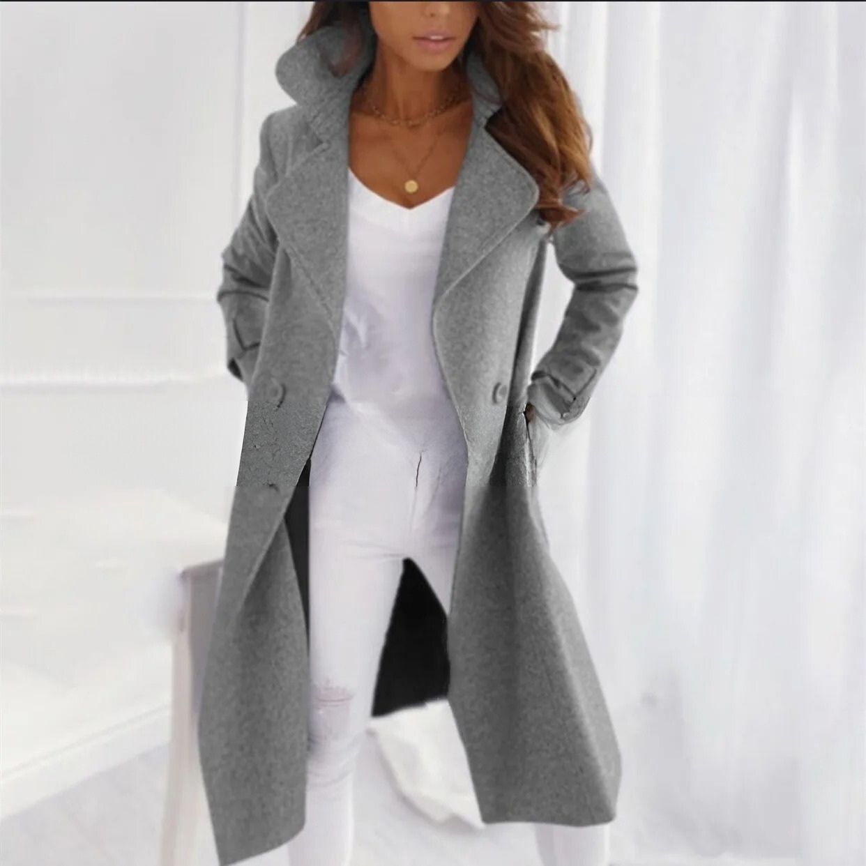 Street Wave Stylish Long Coat For Women With Turned Down Collar And Double Breasted Buttons