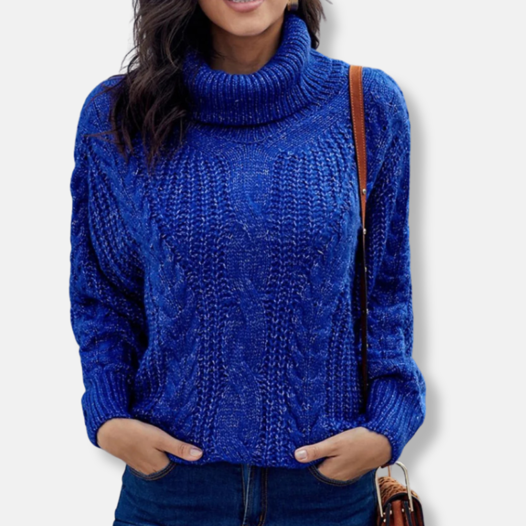 Women’s Pullover Sweatshirt – Oversized Fit – Chunky Cable Knit – Ribbed Turtleneck
