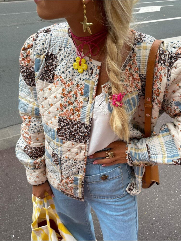 Street Wave Quilted Patchwork Jacket For Women Bohemian Cozy Loose Fit Puffer Coat