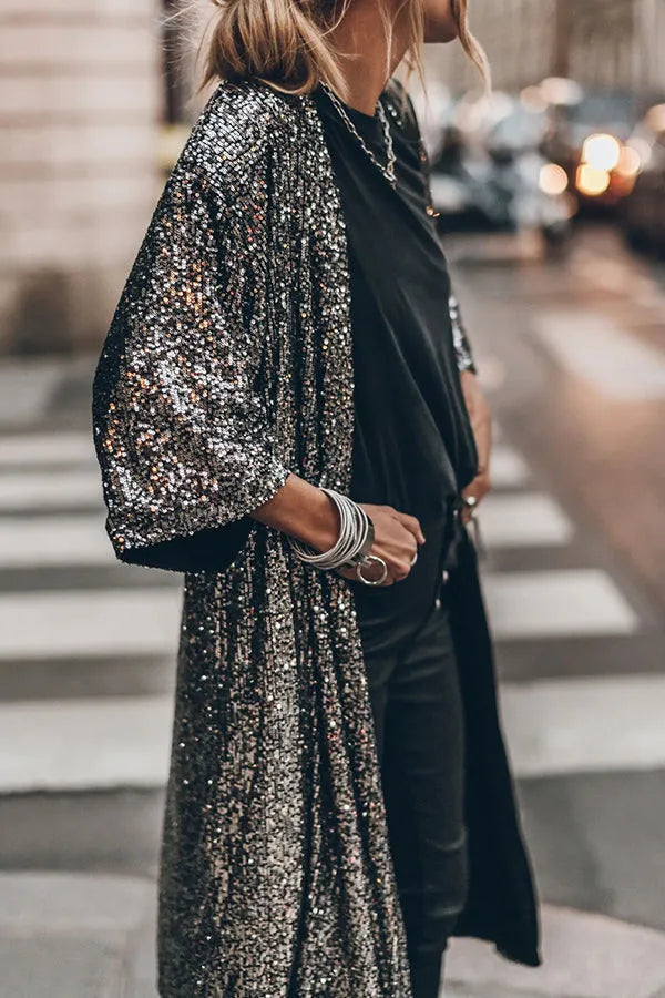 Street Wave Sequin Kimono For Party Lovers Reflective Shine And Glittering Bell Sleeves
