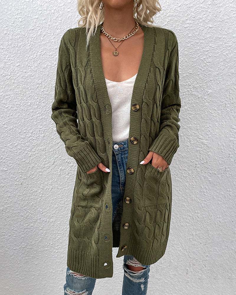 Street-Wave Cable Knit Cardigan For Women Cozy Longline Autumn Sweater With Pockets And Button Closure
