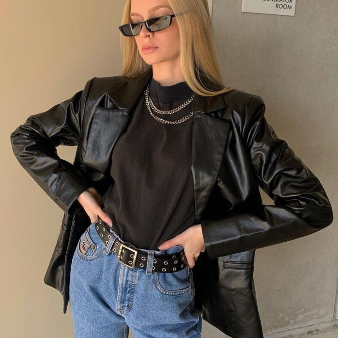 Street-wave Leather-Look Blazer For Women Versatile Black Jacket With Effortless Chic