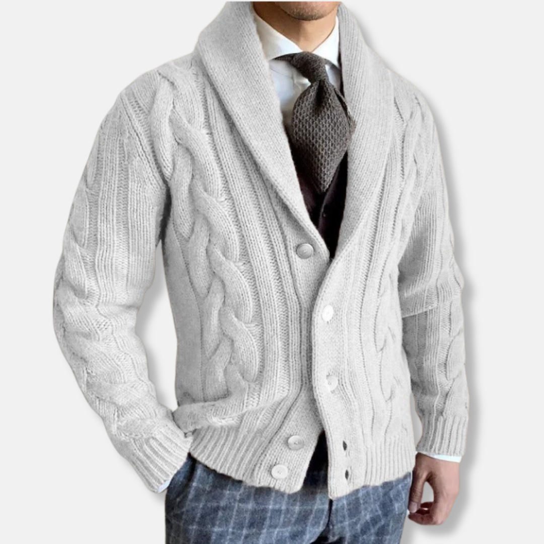 Men's Cable Knit Cardigan With Shawl Lapel Regular Fit Wool Feel Knit Long Sleeve