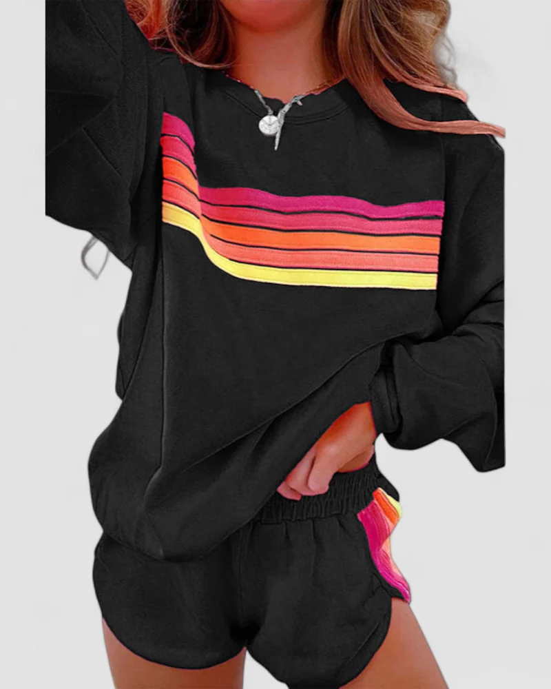 Street-wave Striped Pajama Set for Women Cozy Relaxed Fit Sleepwear Colorful Stripes