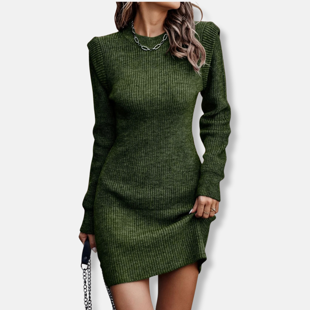 Ribbed Knit Mini Dress Street-Wave For Women Long Sleeve Puff Shoulders Slim Fit