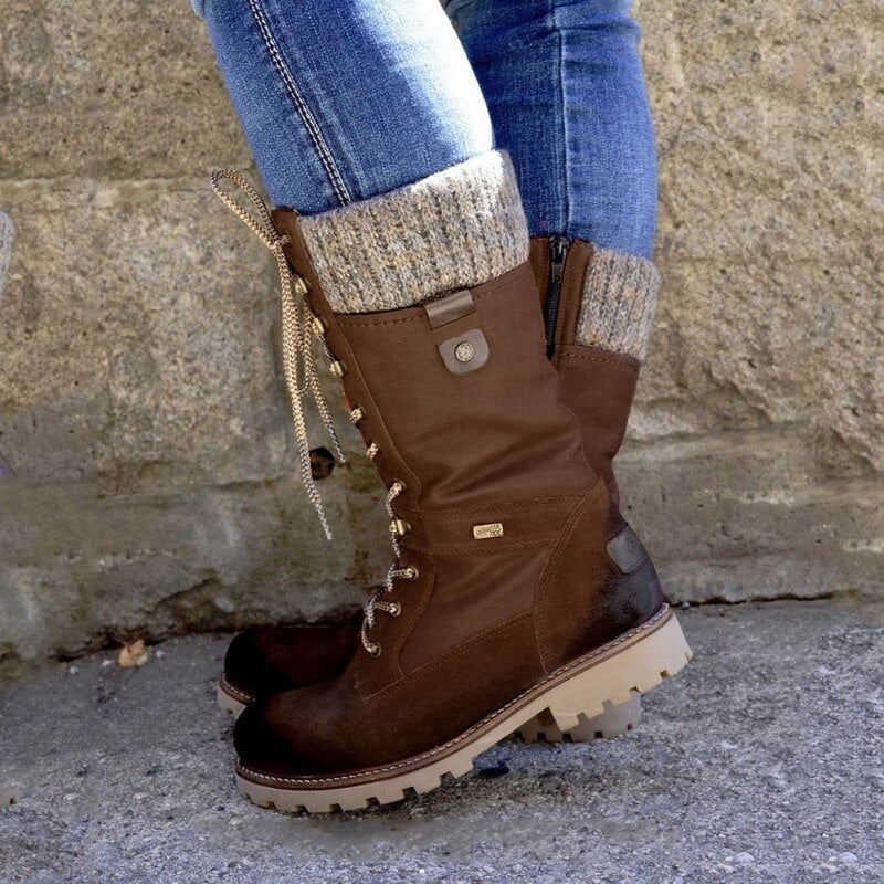 Street-Wave Knee High Combat Boots For Women Winter Ready With Rugged Sole And Cozy Knit Collar