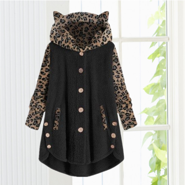 Street-wave Cozy Cat Ear Hooded Coat for Girls Leopard Print Sleeves Cotton Cashmere Blend Pockets