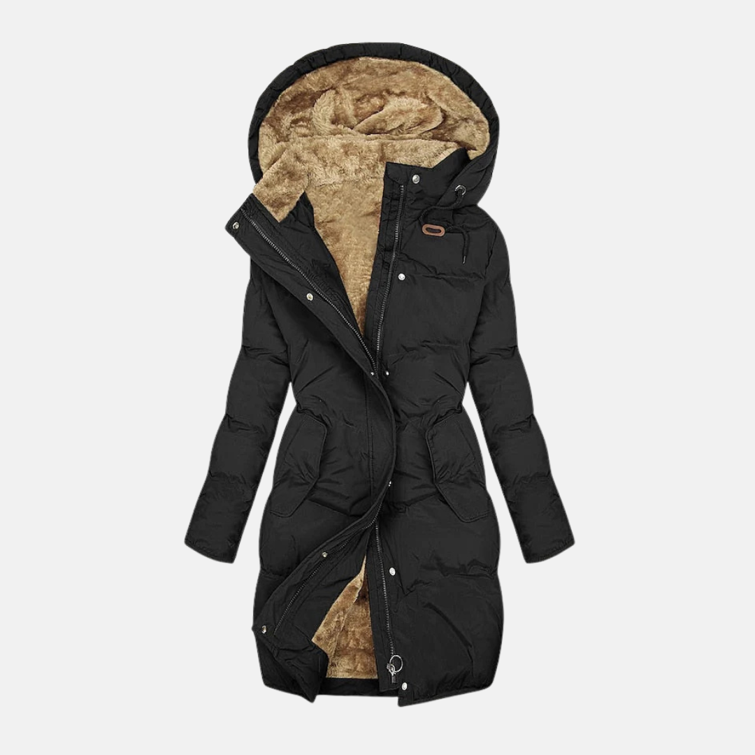 Street Wave Women Long Puffer Coat Water Repellent Fleece Lined Hood Adjustable Waist Winter Warmth